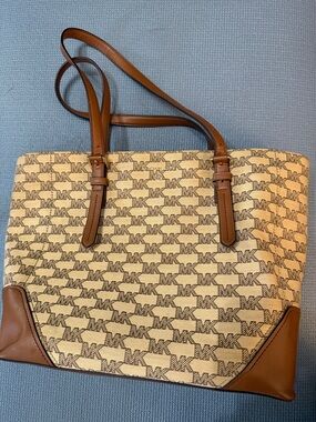 Michael Kors Beige/Tan MK Logo Tote with Cognac Trim